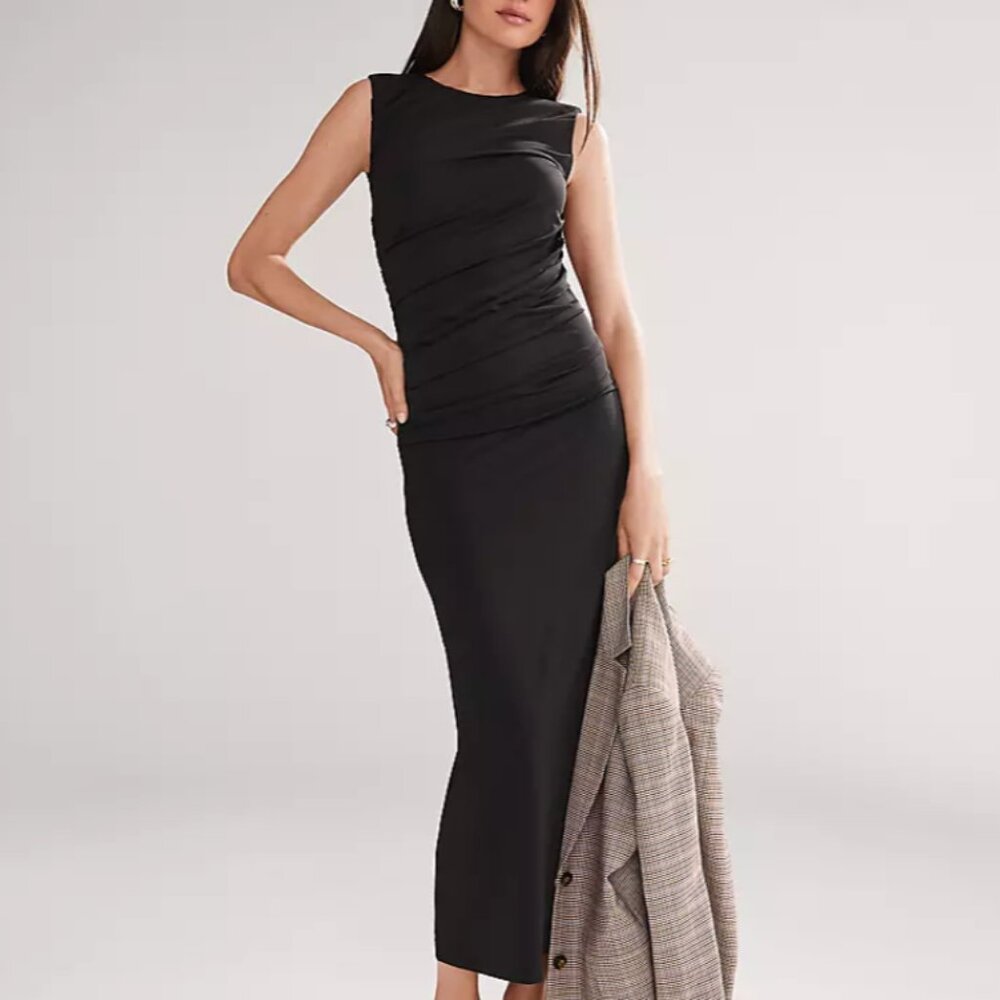 Ann Taylor Ruched Sleeveless Dress in Black
